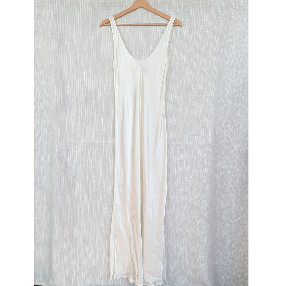 Enza Costa Off-White Satin Slip Maxi Dress Womens 2 Sleeveless Scoop Neck Split - Picture 2 of 10